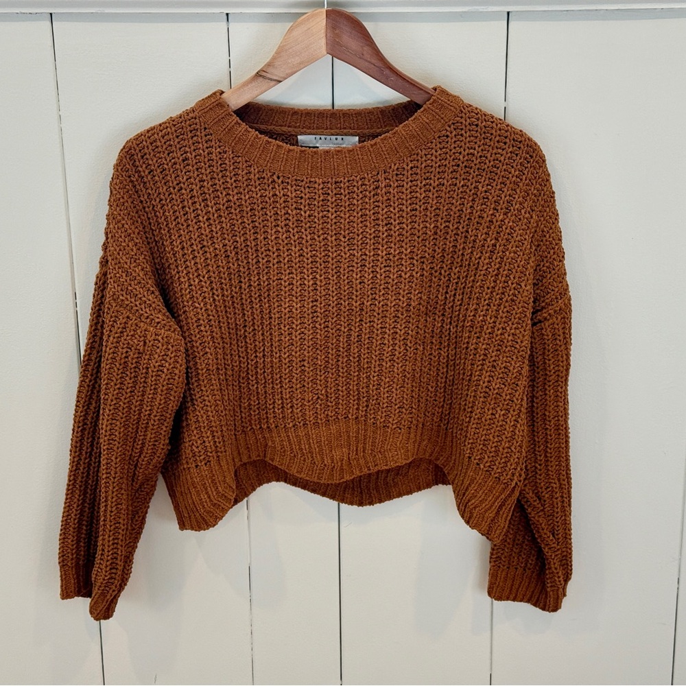 FAVLUX Brown Crew Neck Sweater with Waffle Knit
